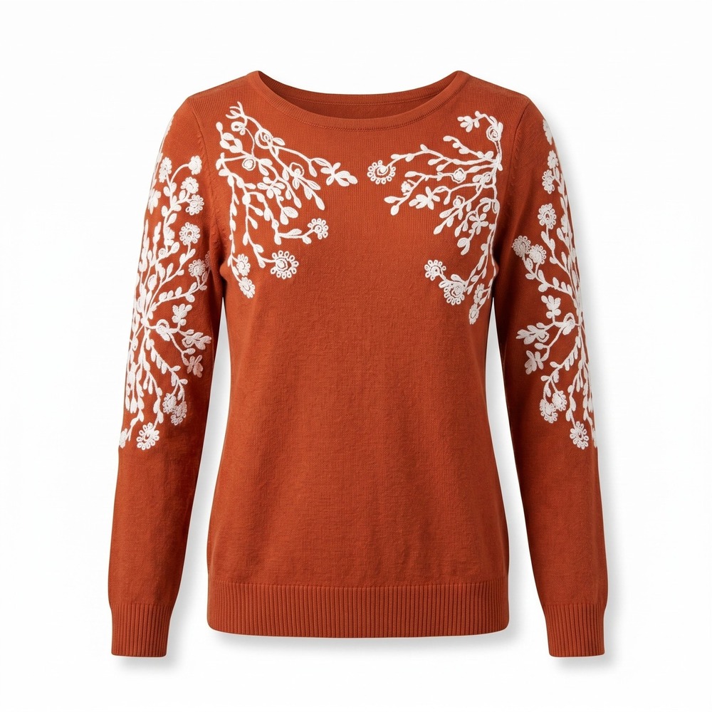 Rain‎ + Rose Sweater XS Womens Rust Orange Embroidered Floral Long Sleeve Crewnk